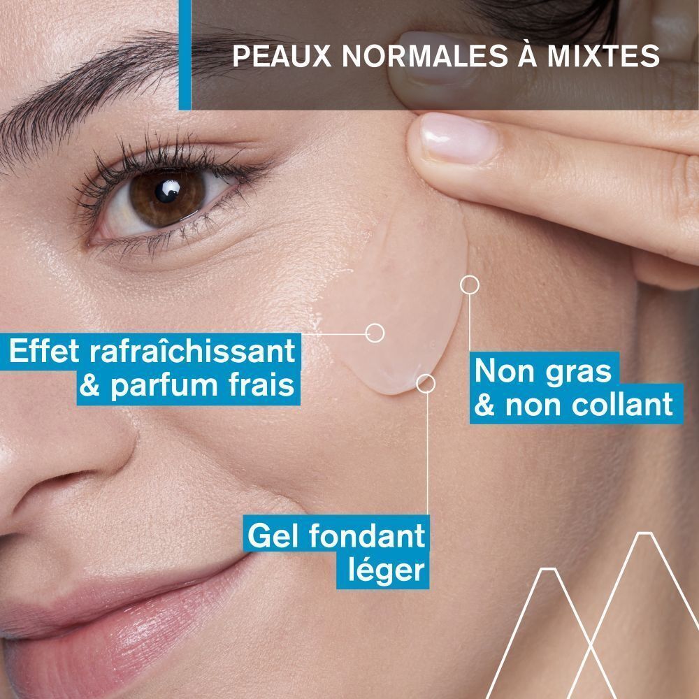 Visage avec gel transparent. Texte: Effet rafraîchissant & parfum frais, Non gras & non collant, Gel fondant léger.