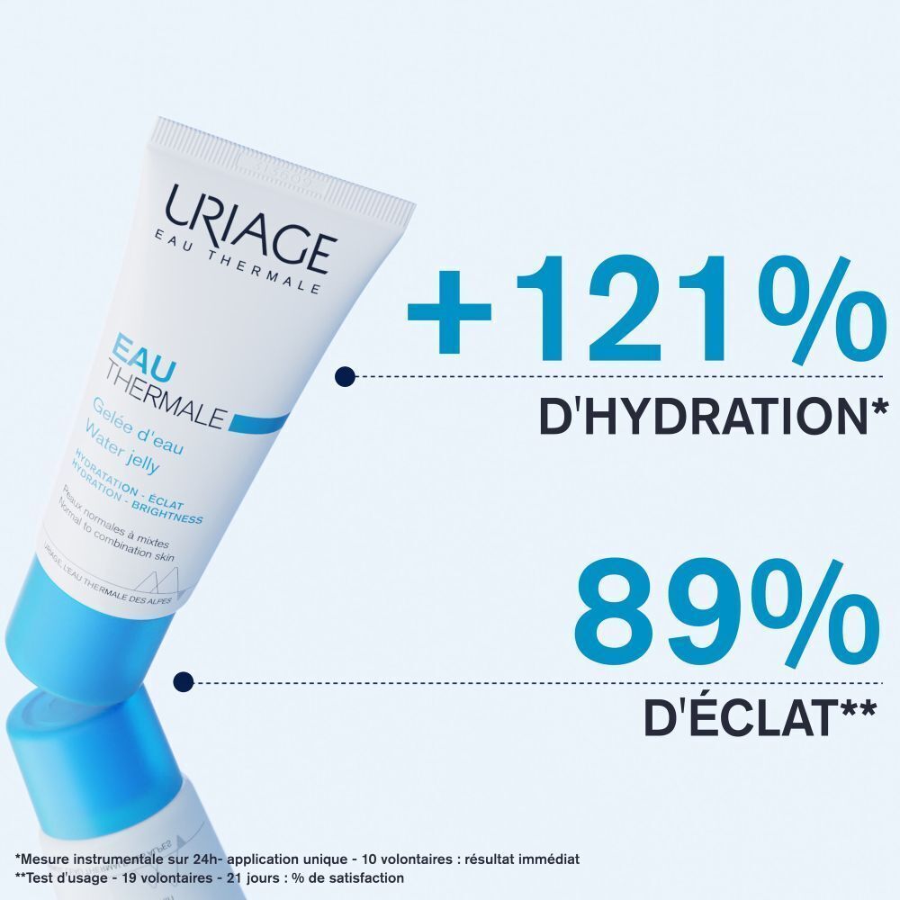 Tube Uriage Eau Thermale Gelée d'eau. Texte: +121% d'hydratation, 89% d'éclat.