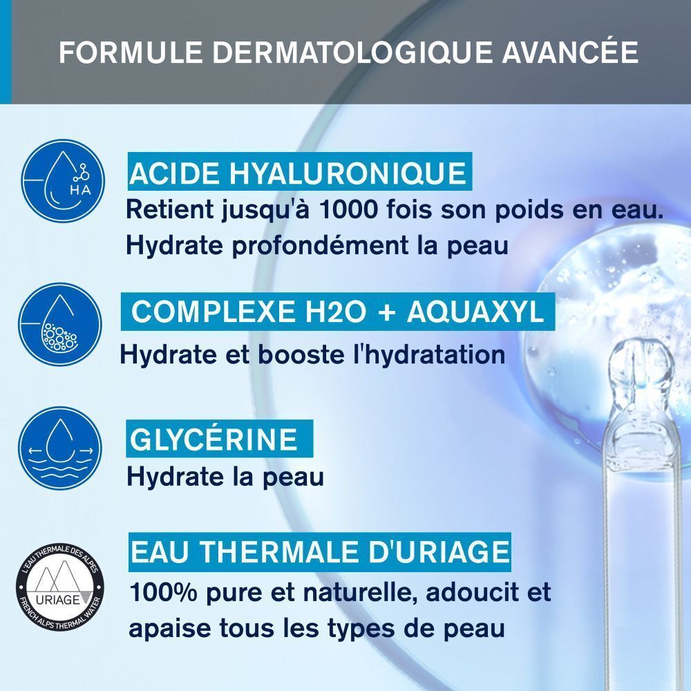 Infographie avec ingrédients. Texte: Acide Hyaluronique, Complexe H2O + Aquaxyl, Glycérine, Eau Thermale d'Uriage.