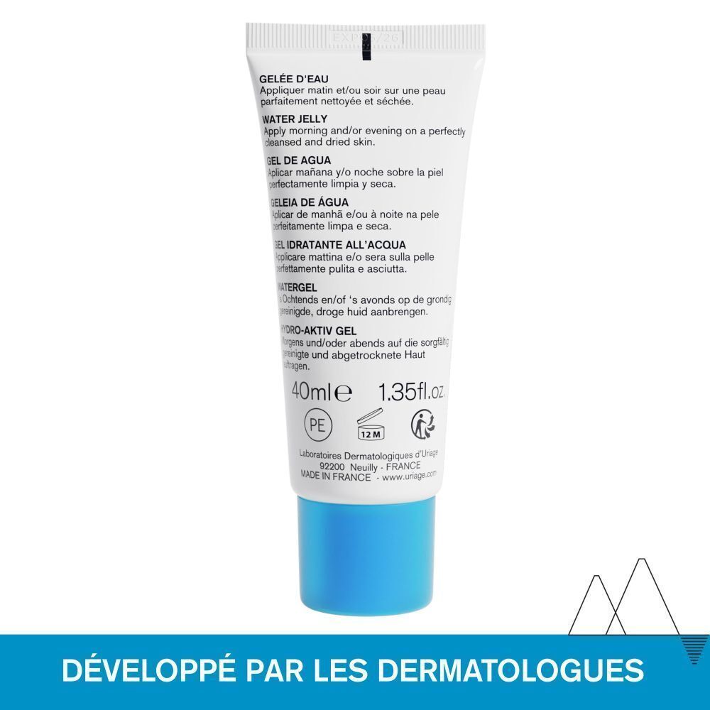 Dos du tube Uriage Gelée d'eau. Texte: Gelée d'eau, Water Jelly, 40ml, 1.35 fl.oz.