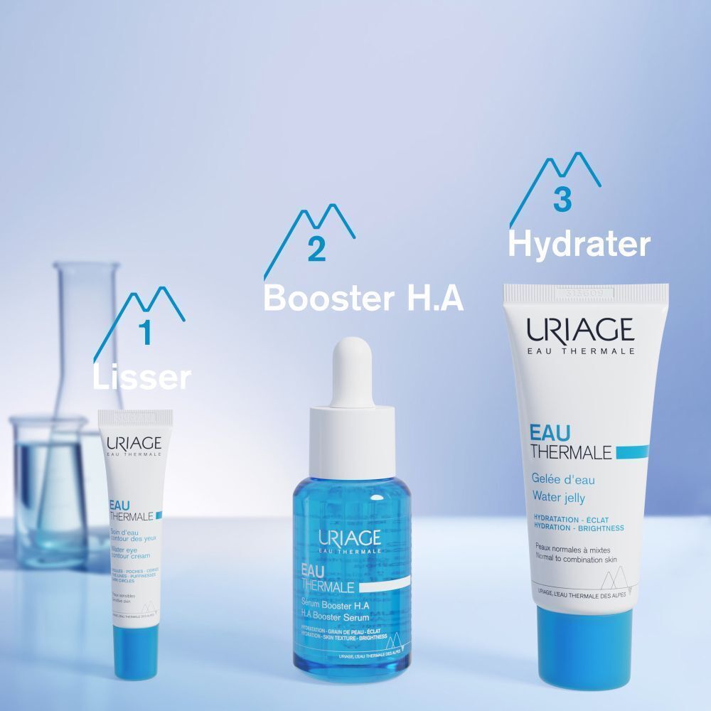 Trois produits: Uriage Eau Thermale, Sérum, Gelée d'eau. Texte: Lisser, Booster H.A, Hydrater.