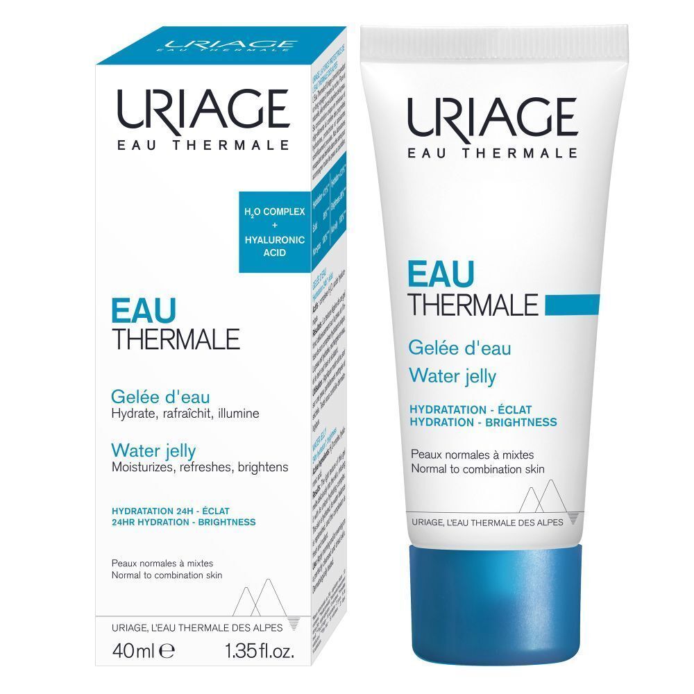 Uriage Eau Thermale Gelée d'eau et emballage. Texte: Gelée d'eau, Water Jelly, 40ml, 1.35 fl.oz.