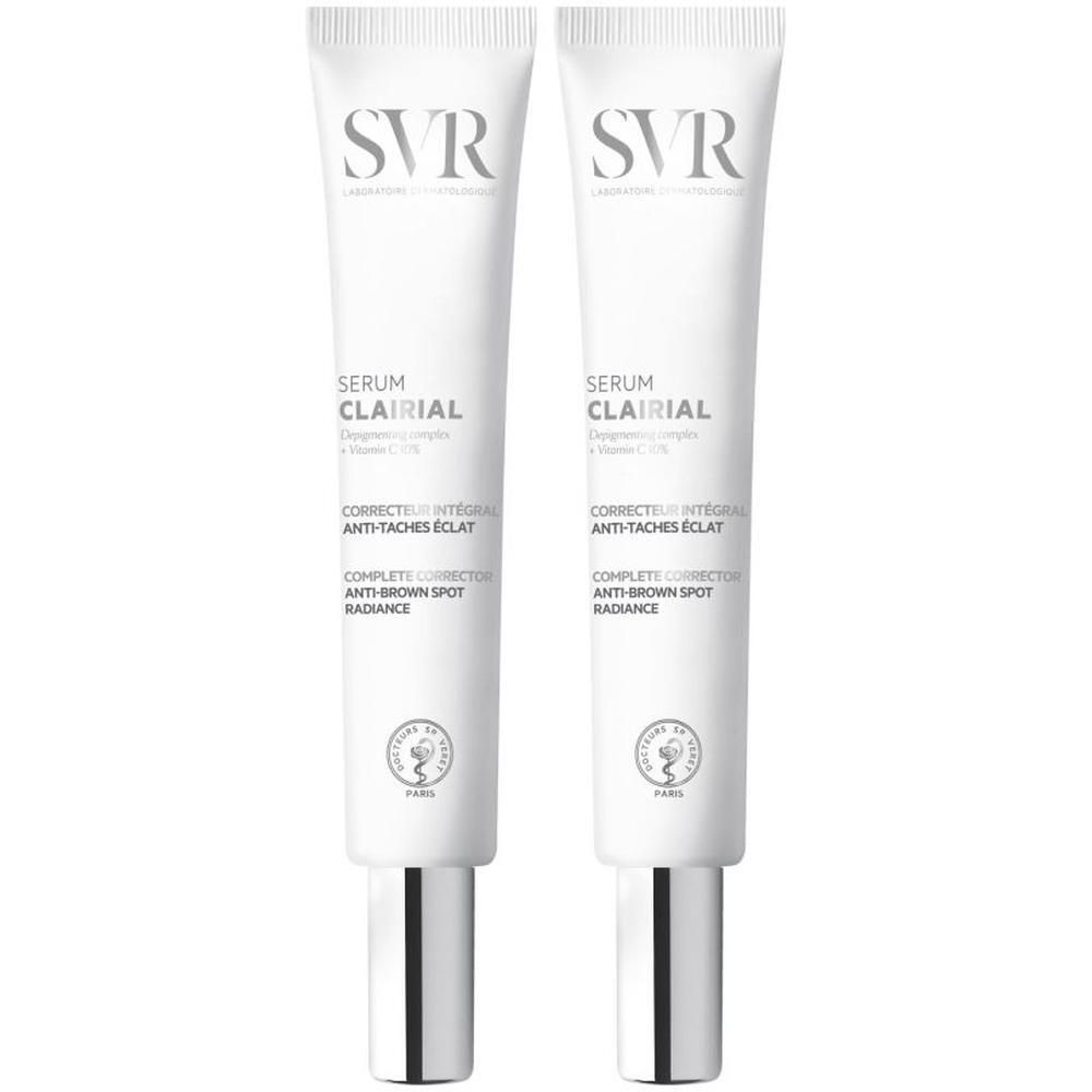 Deux tubes de sérum SVR Clairial. Tubes blancs avec bouchons argentés. Texte: Clairial Serum, Corrector intégral anti-taches éclat.