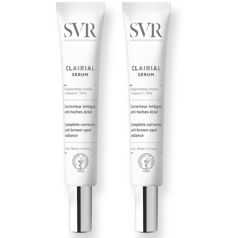 Deux tubes blancs avec bouchons argentés. Inscription "SVR CLAIRIAL SERUM" sur chaque tube.