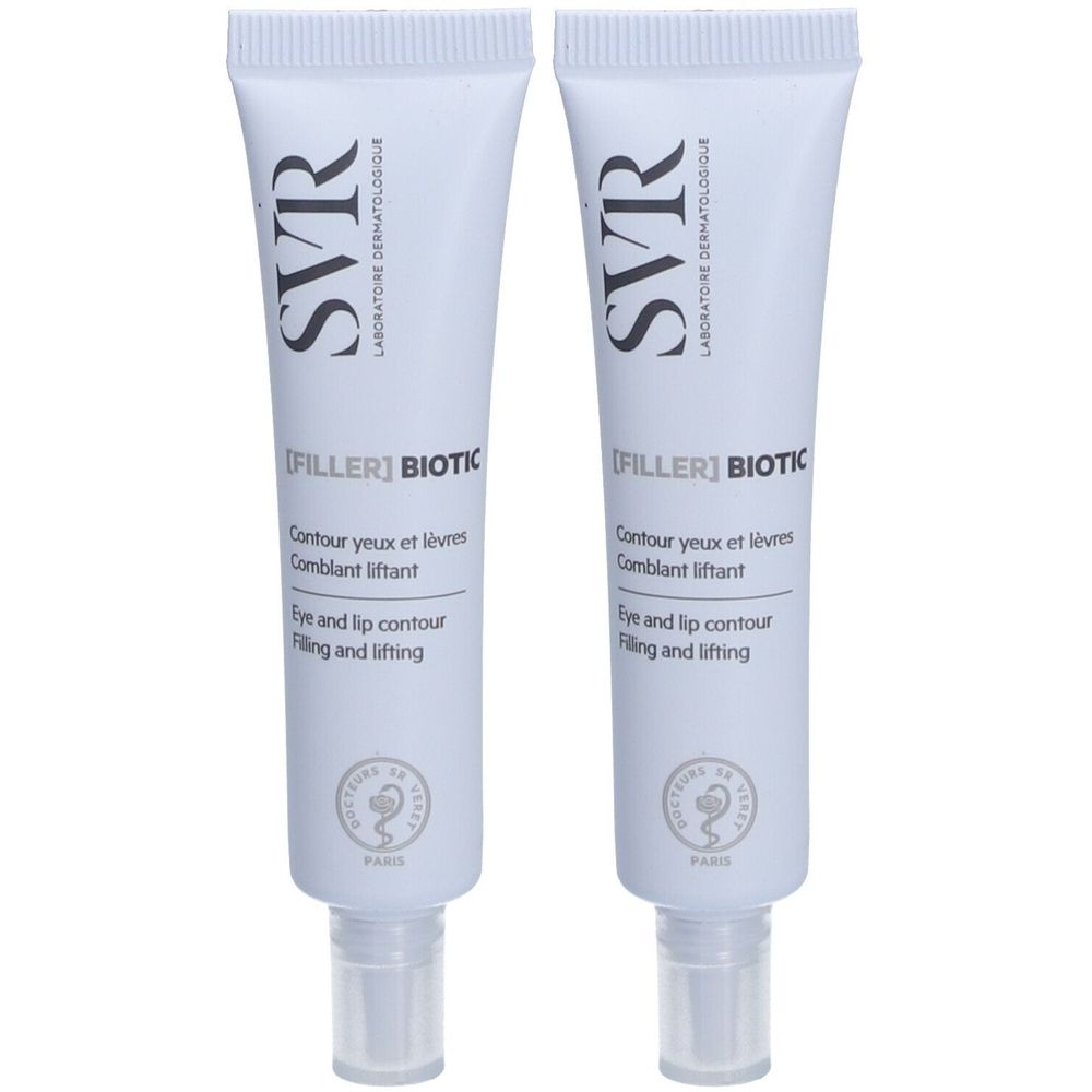Deux tubes de SVR [Filler] Biotic. Tubes blancs avec texte noir. Inscription: Contour yeux et lèvres, Eye and lip contour.