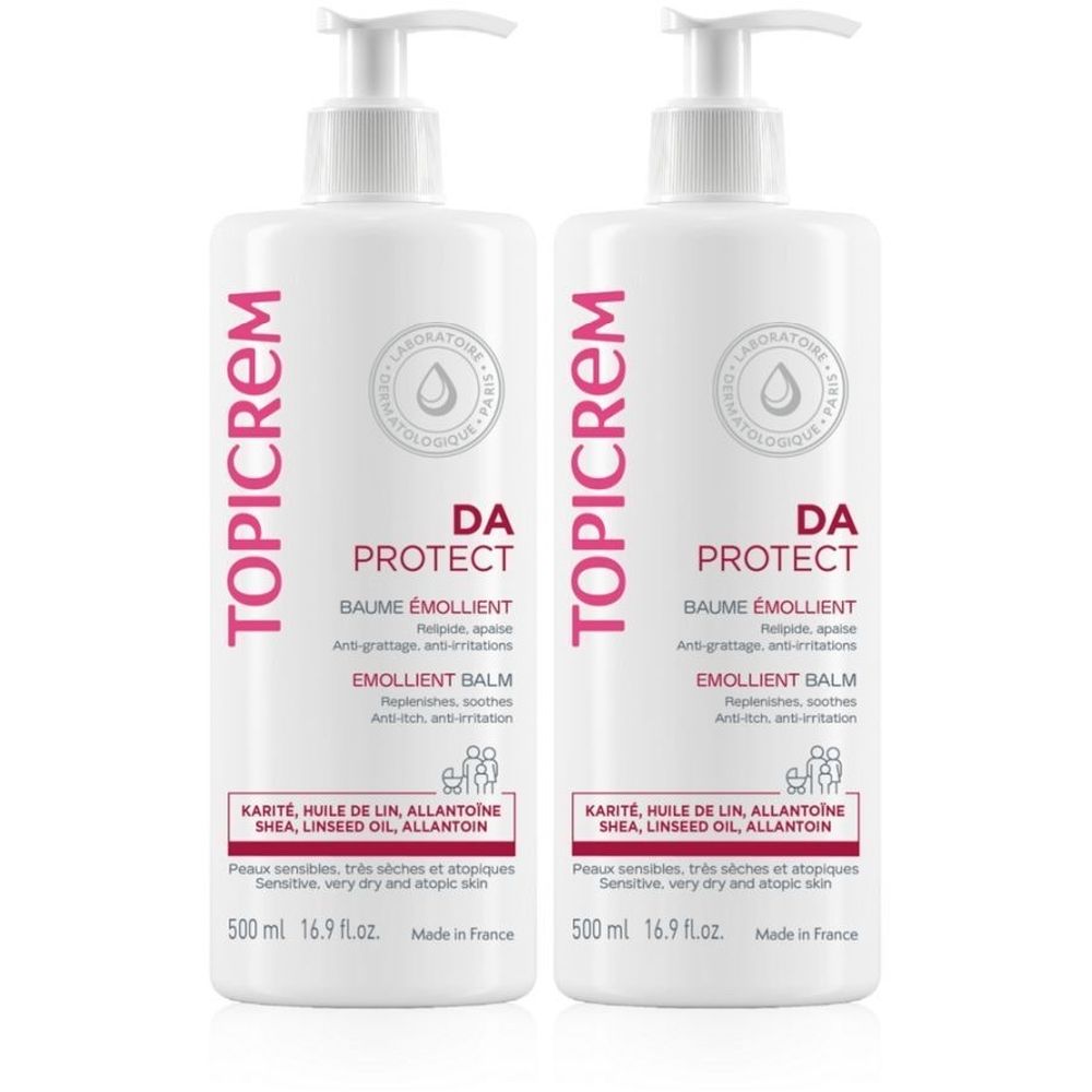 Deux flacons blancs avec pompe. Inscriptions TOPICREM, DA PROTECT, BAUME ÉMOLLIENT. Contient 500 ml.