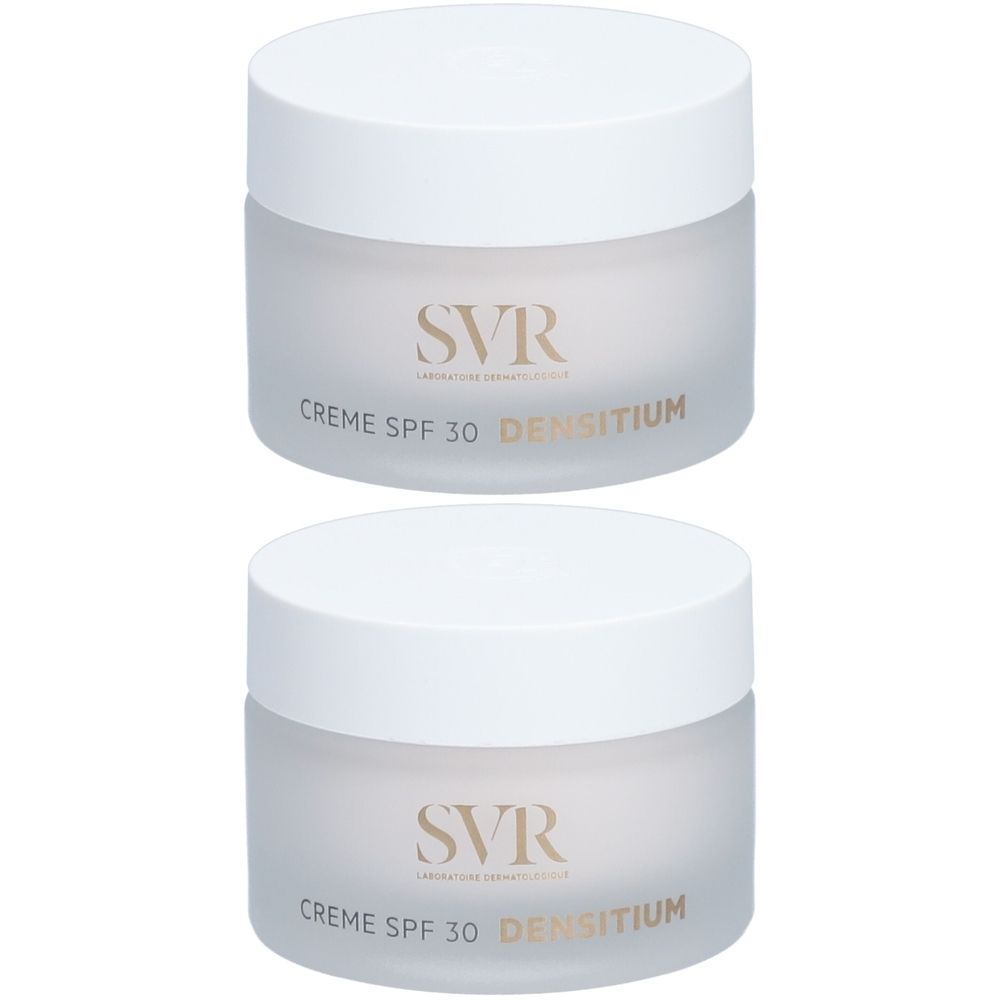 Deux pots de crème avec couvercles blancs. Inscription SVR, Crème SPF 30 DENSITIUM sur les pots.