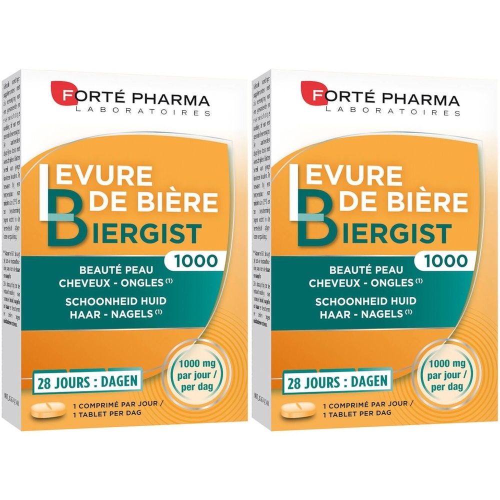 Deux boîtes de Forté Pharma Levure de bière 1000. Inscription : Beauté peau, cheveux, ongles. 28 comprimés.
