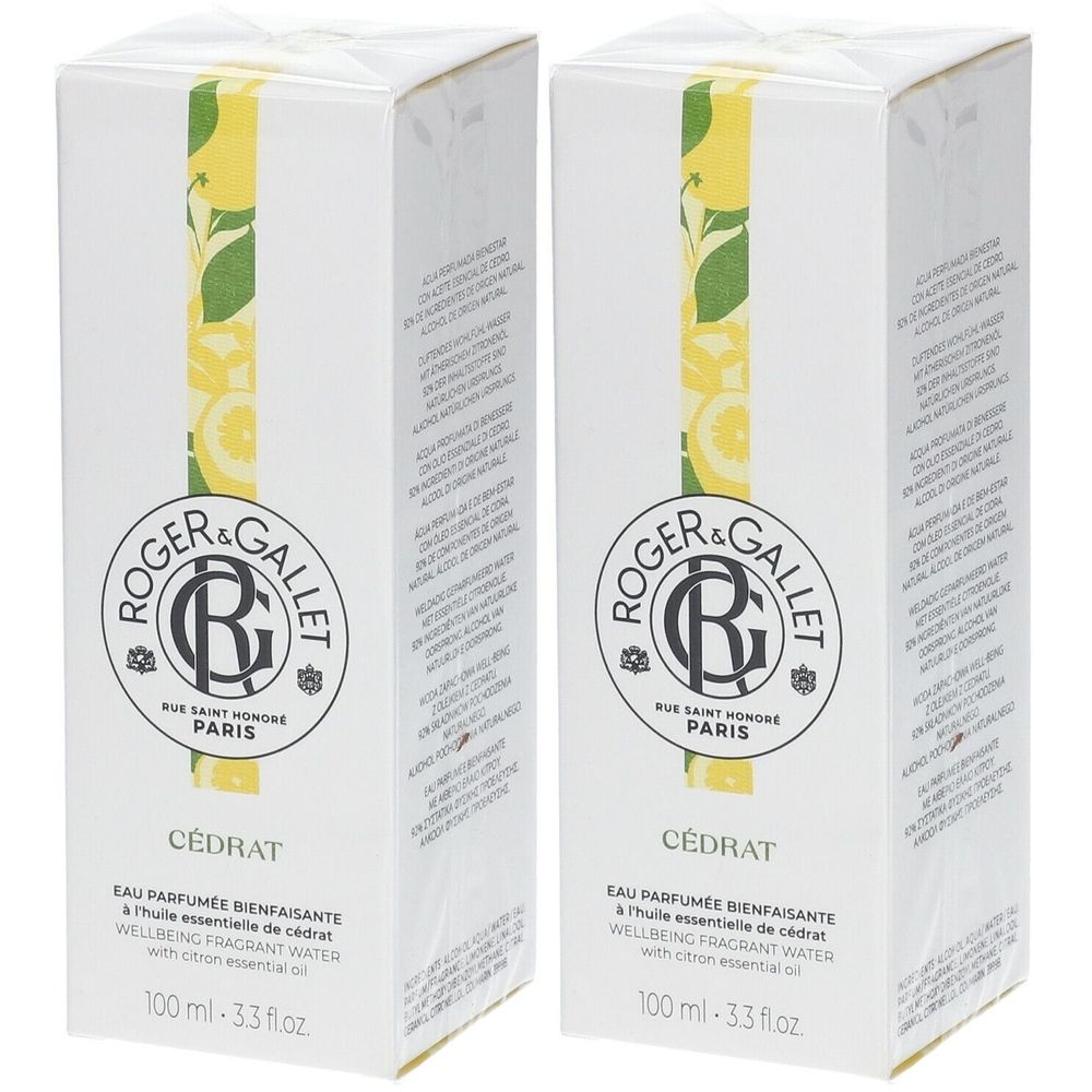 Deux boîtes blanches. Logo Roger & Gallet. Inscription Cédrat, Eau Parfumée Bienfaisante. Contient de l'huile essentielle de cédrat.