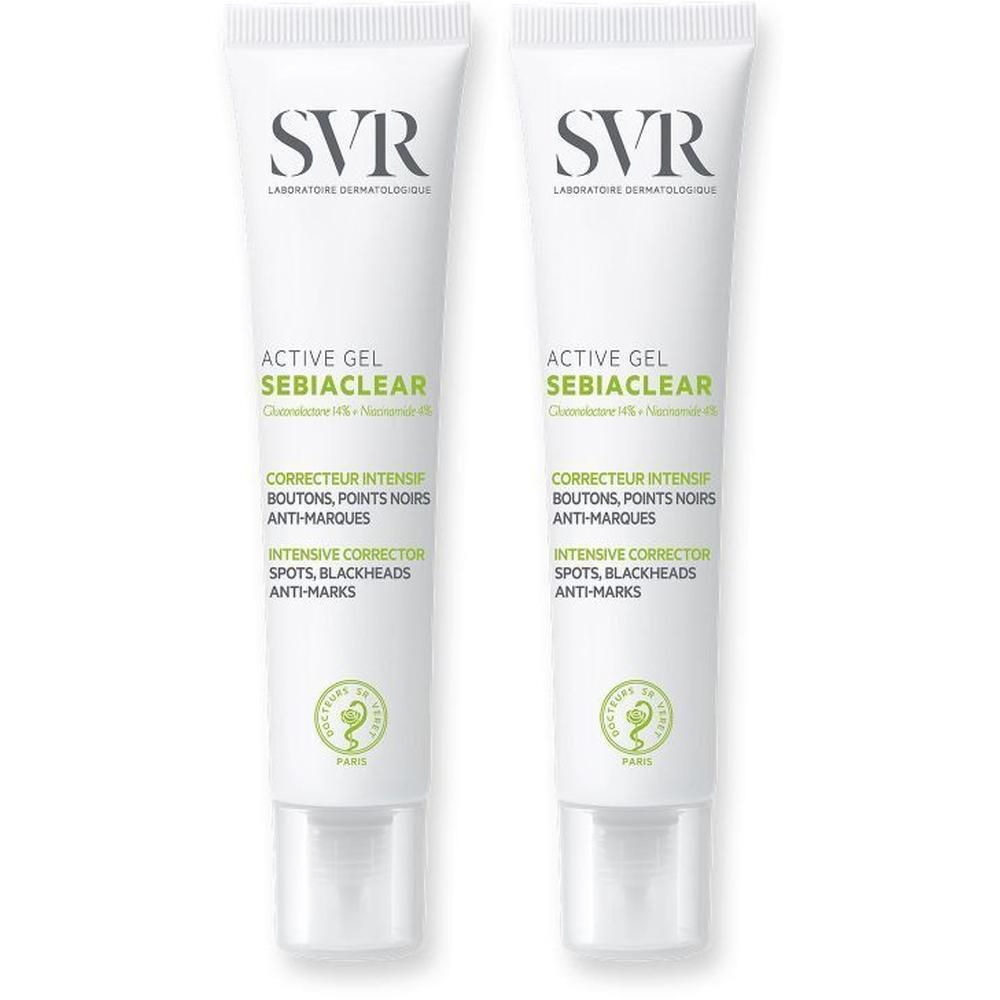 Deux tubes de SVR SEBIACLEAR Active Gel. Tubes blancs avec texte vert et noir. Logo SVR en haut.
