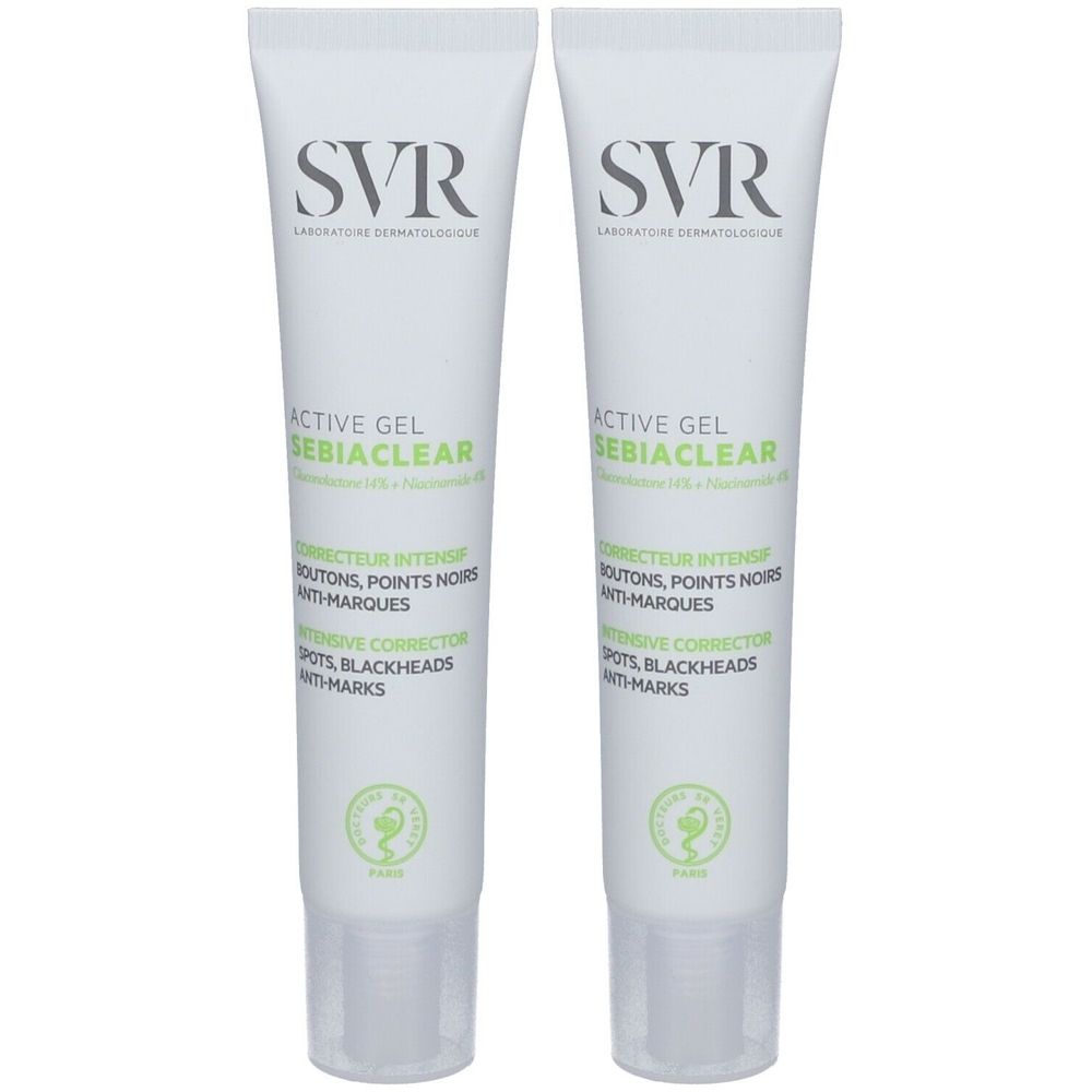 Zwei Tuben SVR SEBIACLEAR Active Gel. Weiße Tuben mit grüner und grauer Schrift. Text: Intensive Korrektur, Pickel, Mitesser, Anti-Marken.