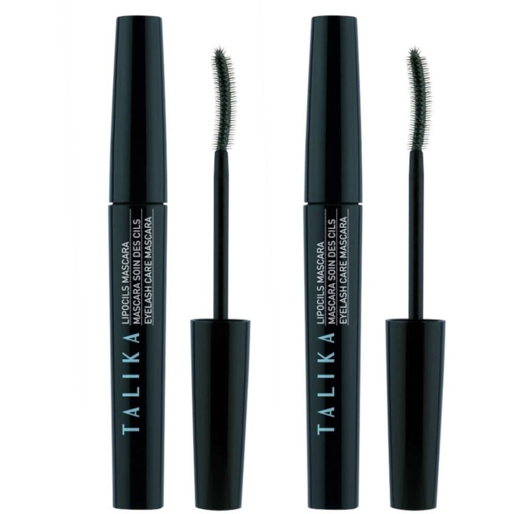 Deux tubes de mascara noirs avec brosses. Le texte sur les tubes indique "TALIKA LIPOCILS MASCARA".