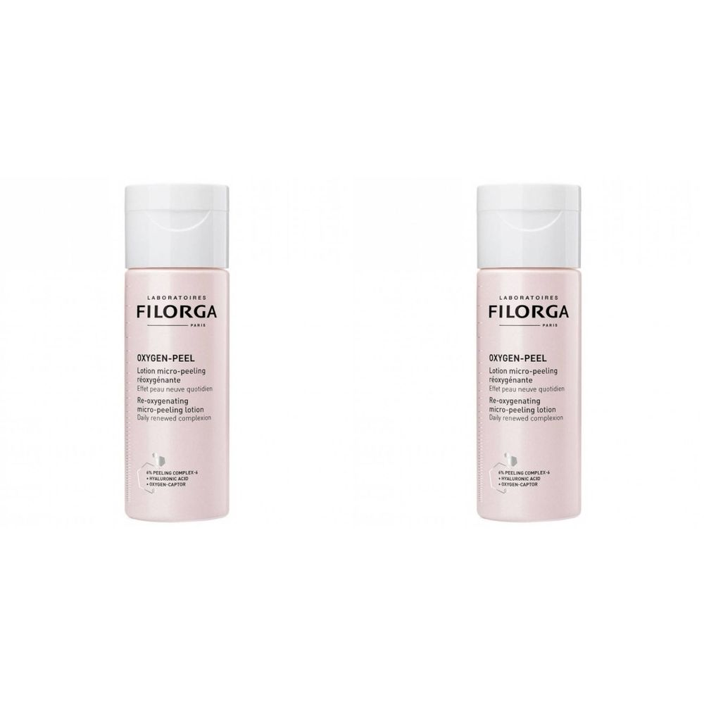 Deux flacons avec bouchon blanc et étiquette rose. Inscription : FILORGA, OXYGEN-PEEL.