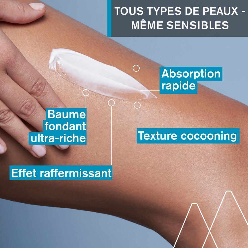 Jambe avec crème. Texte: Baume fondant ultra-riche, effet raffermissant, absorption rapide, texture cocooning.