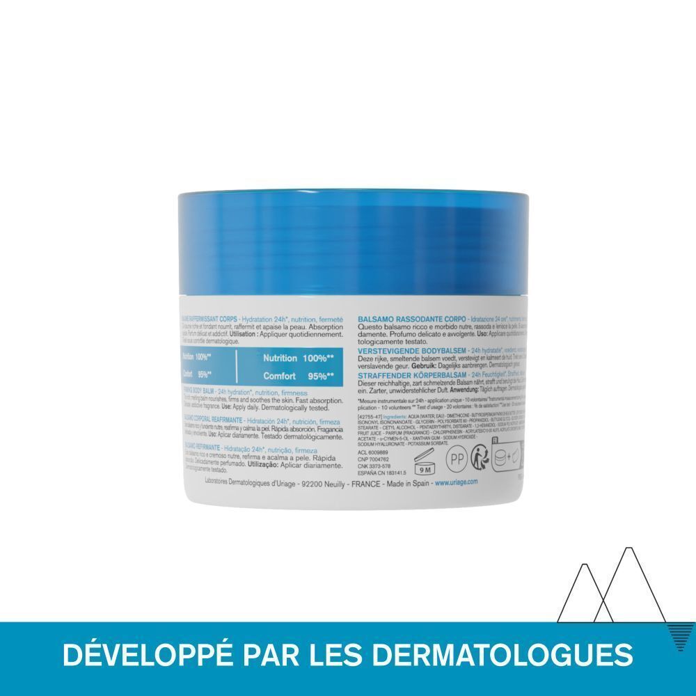 Dos du produit. Texte: Nutrition 100%, Comfort 85%, Fast absorption. Développé par les dermatologues.