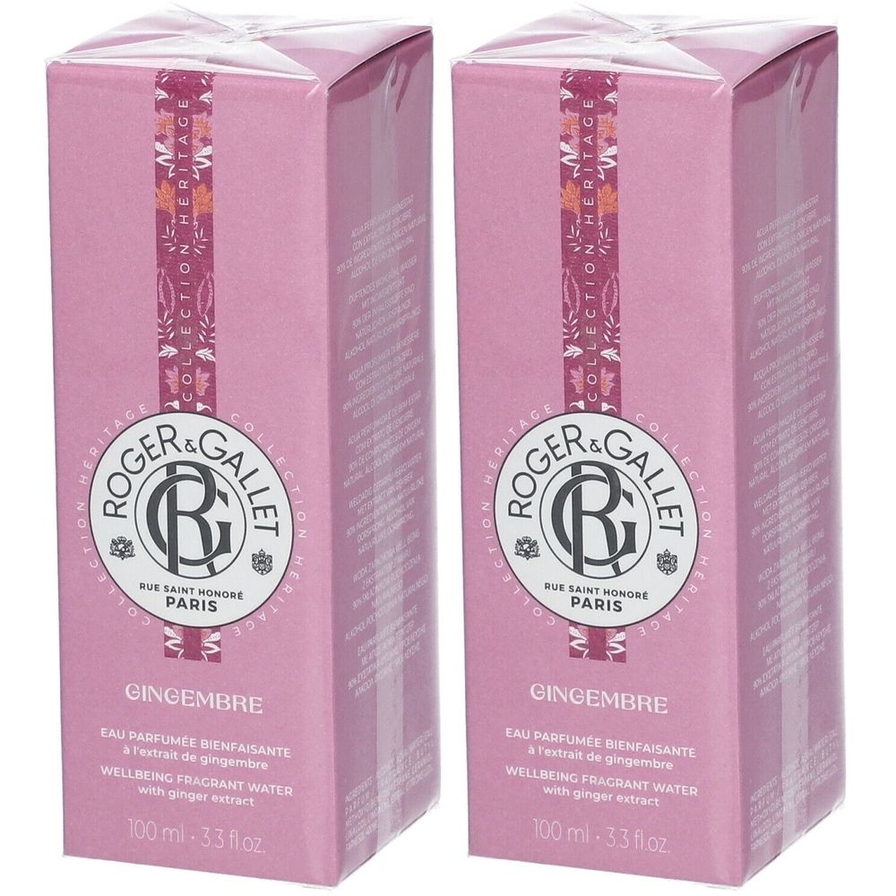 Zwei rosa Schachteln mit dem Logo von Roger & Gallet. Aufschrift: Gingembre, Eau Parfumée Bienfaisante. 100 ml.