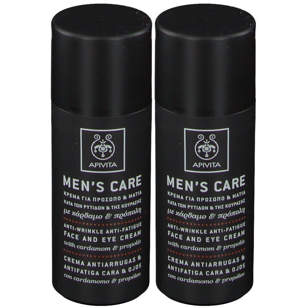 Deux flacons noirs "Apivita Men's Care". Inscriptions multilingues, dont "Anti-rides" et "Crème yeux". Logo floral blanc.