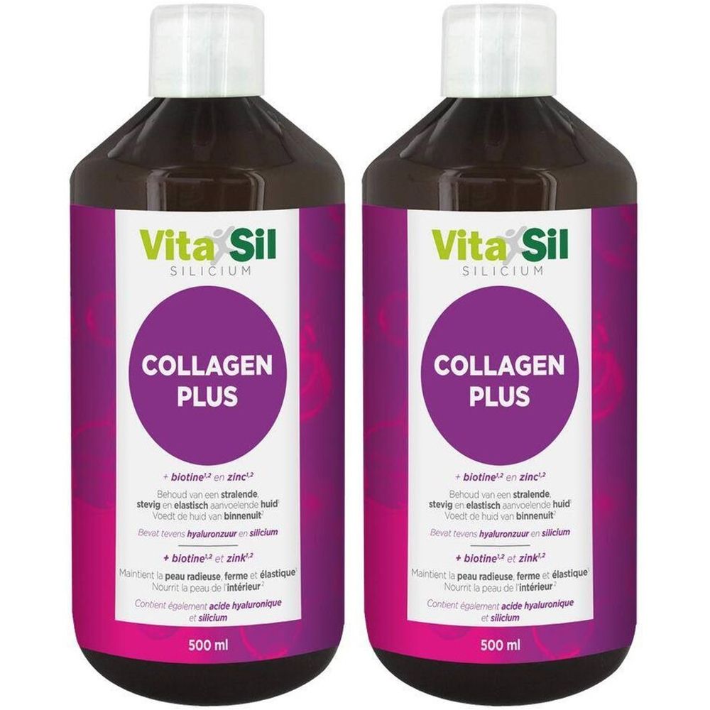 Zwei Flaschen Vita Sil Silicium Collagen Plus. Lila Etikett mit Produktnamen und Inhaltsangaben. Flaschen mit brauner Flüssigkeit.