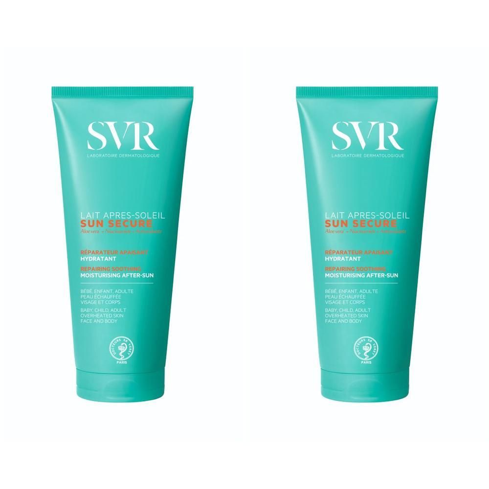 Deux tubes turquoise. Inscription SVR, Sun Secure, Lait Après-Soleil. Texte en français. Logo avec oreille.