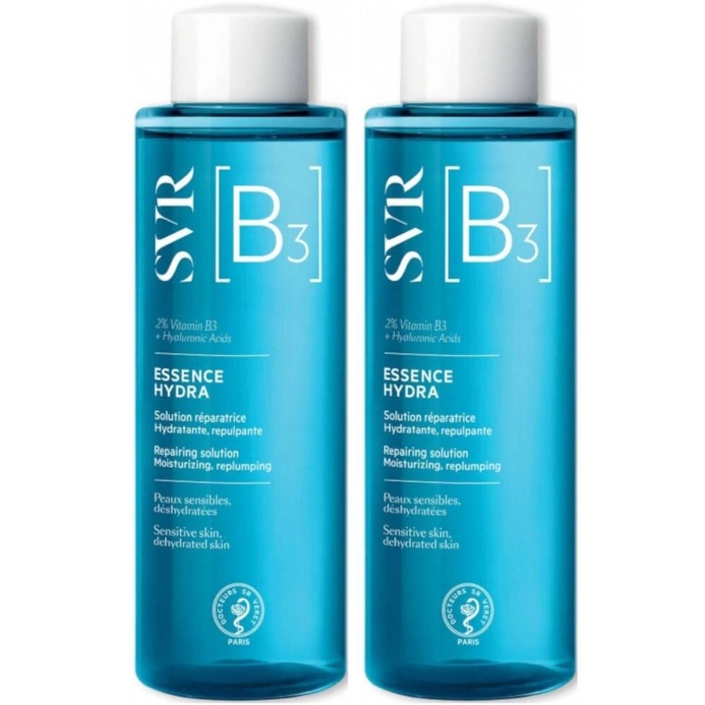 Zwei blaue Flaschen mit weißem Deckel. Aufschrift: SVR [B3] Essence Hydra. Text: 2% Vitamin B3 + Hyaluronsäure.