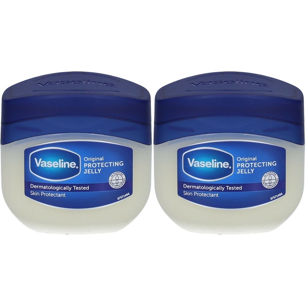 Deux pots de Vaseline Original Protecting Jelly. Couvercles bleus, contenants blancs. Inscription : Testé dermatologiquement, Protecteur cutané.