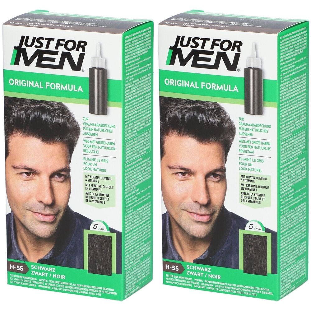 Deux boîtes de JUST FOR MEN. Inscription : ORIGINAL FORMULA. Contient une bouteille. Couleur : Noir. Un homme est représenté sur l'emballage.