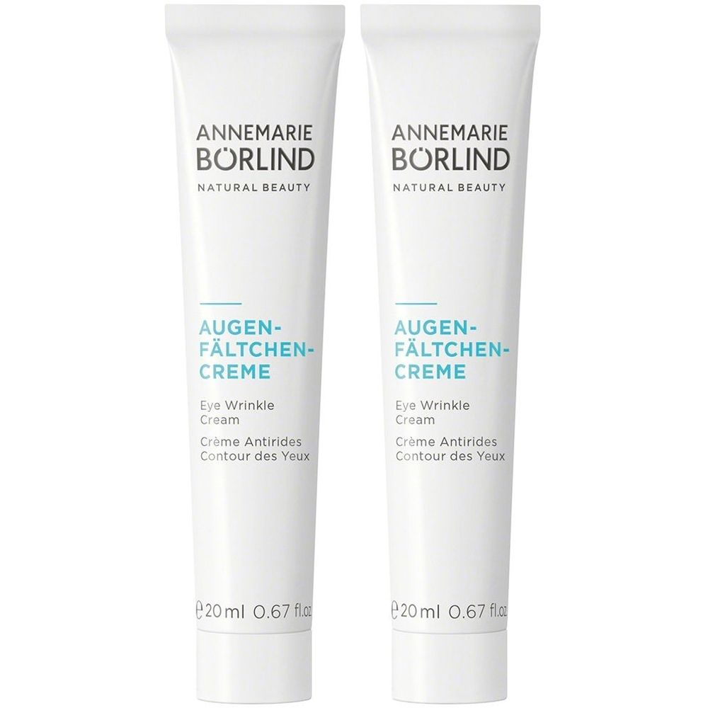 Zwei Tuben Augencreme. Aufschrift: ANNEMARIE BÖRLIND, AUGEN-FÄLTCHEN-CREME, Eye Wrinkle Cream, Crème Antirides.