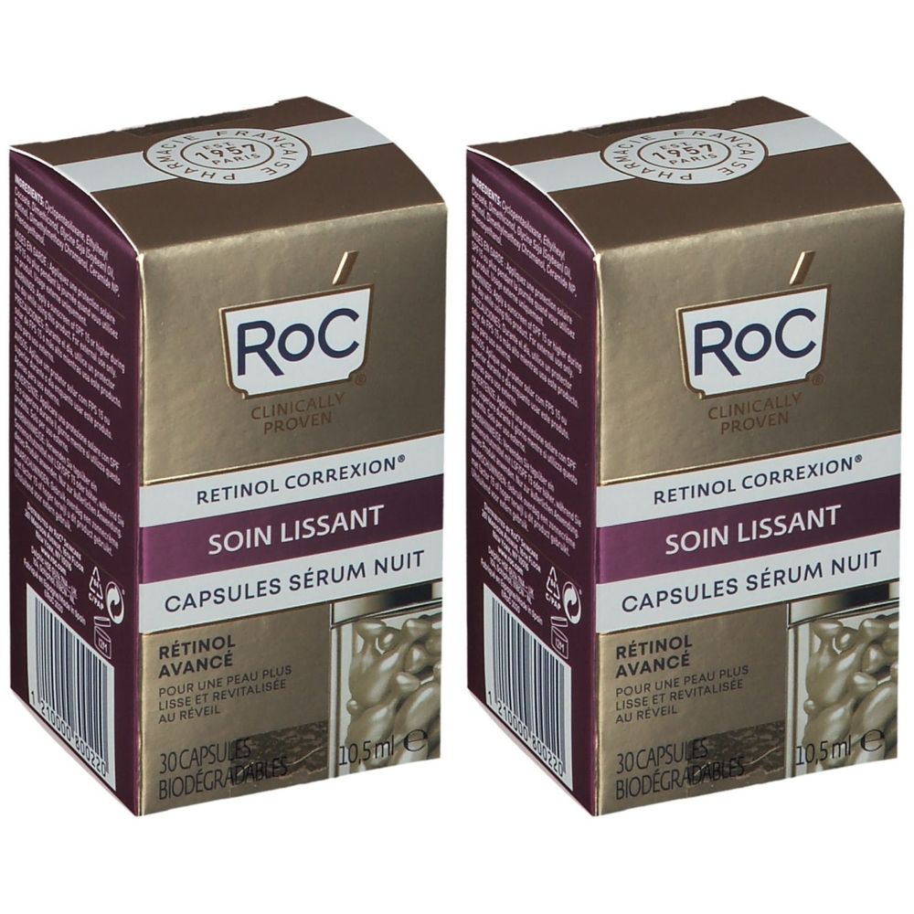 Deux boîtes RoC. Texte: RETINOL CORREXION, SOIN LISSANT, CAPSULES SÉRUM NUIT. Contient 30 capsules. Couleur or et bordeaux.