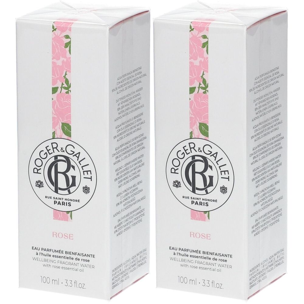 Zwei weiße Kartons mit rosa Rosenmuster. Aufschrift: Roger & Gallet, Rose Eau Parfumée Bienfaisante.
