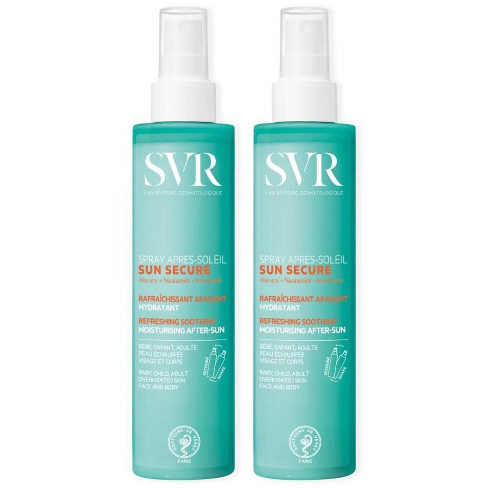 Deux sprays turquoise avec bouchon blanc. Inscription SVR, SUN SECURE, Spray Après-Soleil. Avec logo de certification.