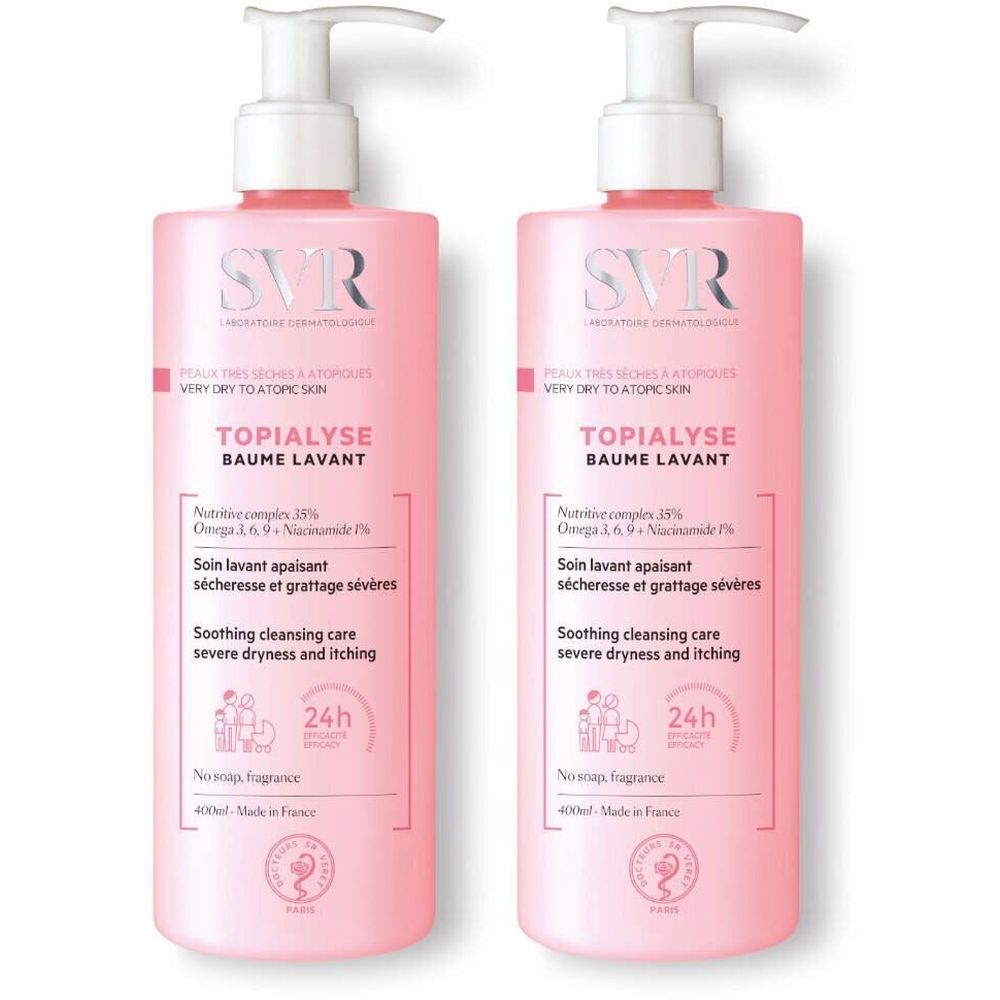Deux flacons roses SVR Topialyse Baume Lavant avec pompe blanche. Texte: Soin lavant apaisant, 24h.