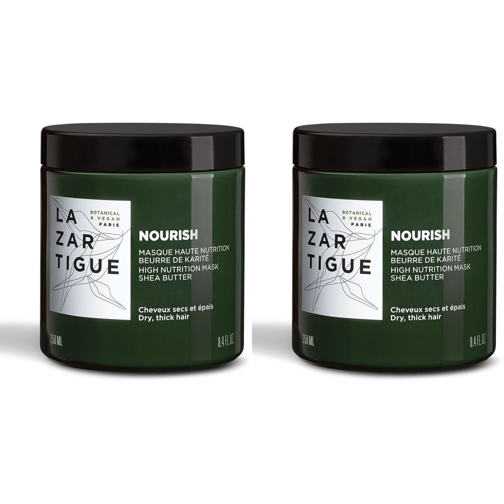 Zwei grüne Tiegel mit schwarzem Deckel. Auf der Vorderseite steht "LAZARTIGUE NOURISH" und Produktinformationen. Für trockenes, dickes Haar.