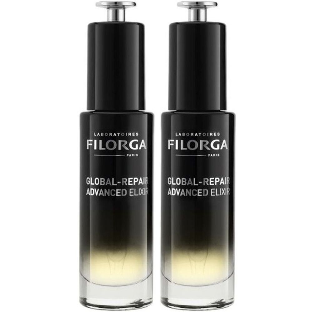 Deux flacons avec bouchon noir et étiquette. Inscription : Filorga, Global-Repair Advanced Elixir. Flacons en verre avec bouchon argenté.