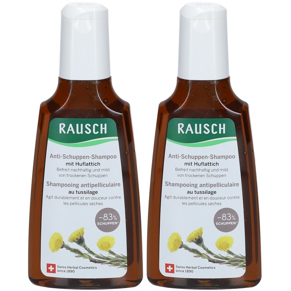 Zwei Flaschen RAUSCH Anti-Schuppen-Shampoo. Braune Flaschen mit weißem Deckel und grünem Etikett. Schweizer Kräuterkosmetik.