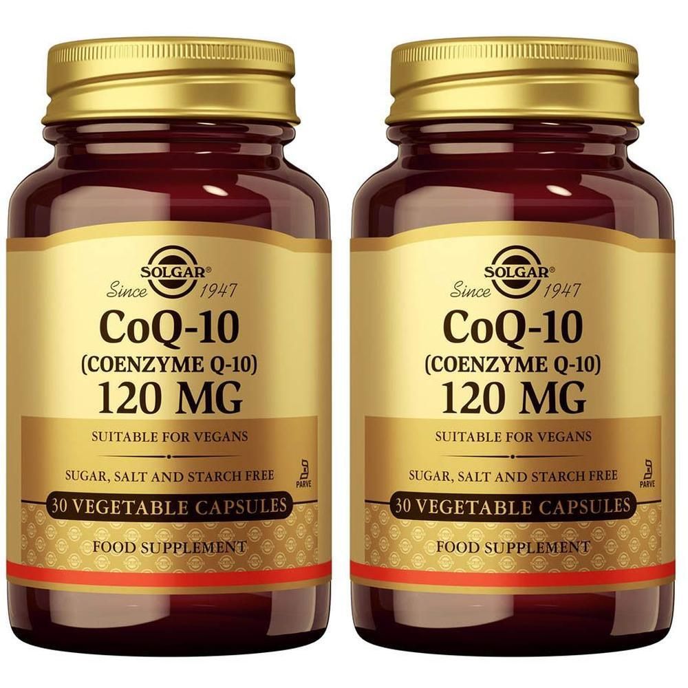 Deux flacons de Solgar Coenzyme Q-10 120 mg, 30 gélules végétales par flacon.