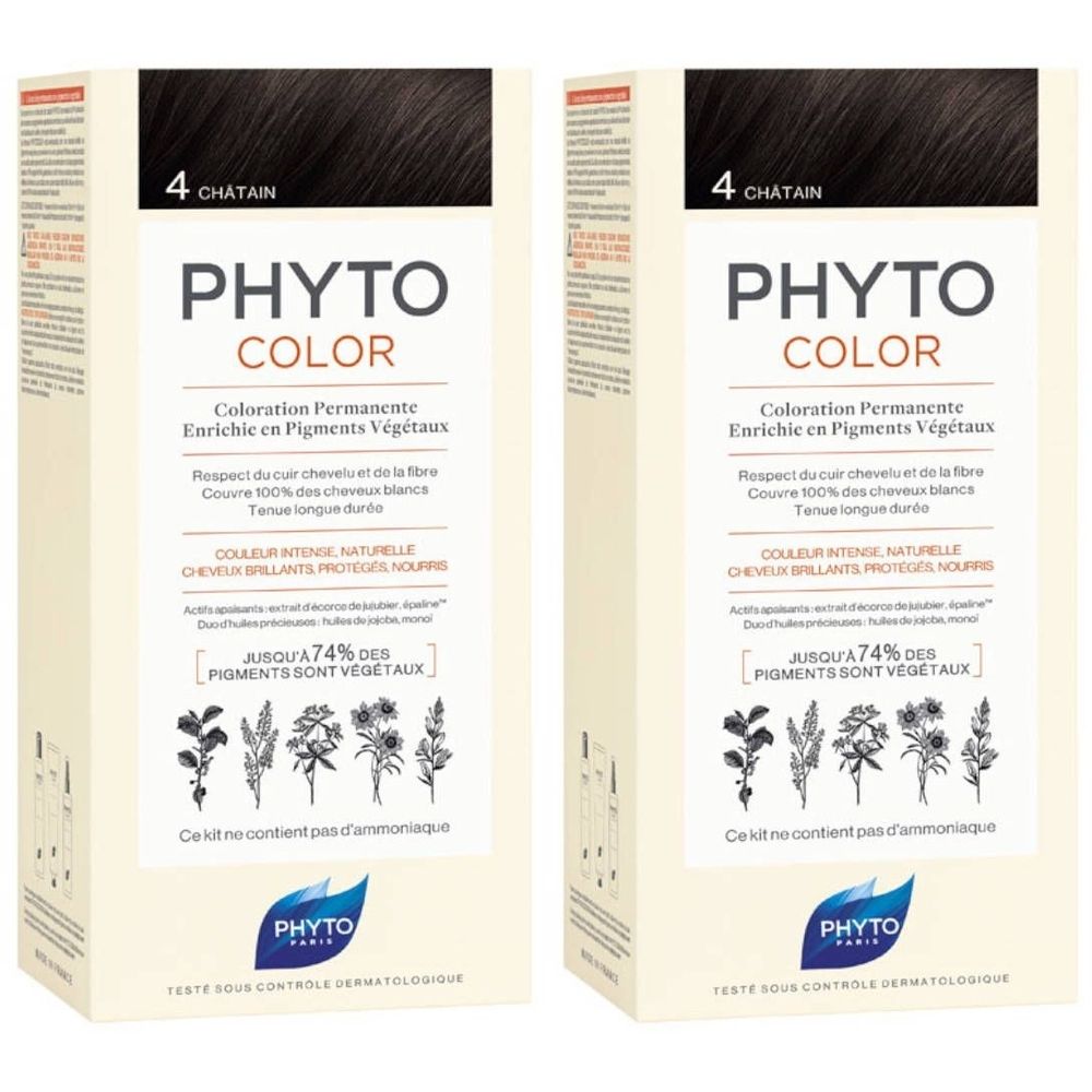 Deux boîtes de coloration capillaire PHYTO COLOR 4 Châtain. Coloration permanente enrichie en pigments végétaux.
