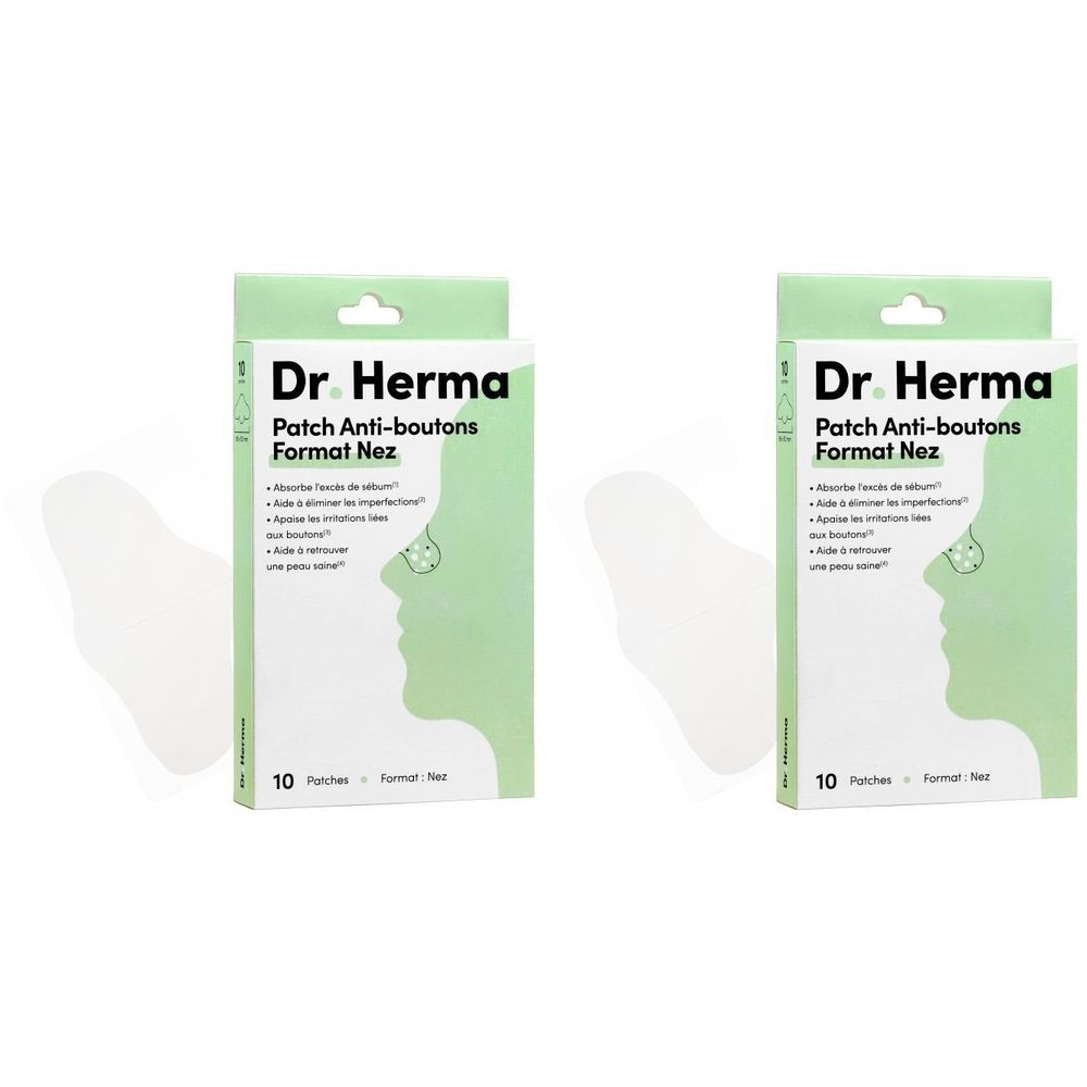Deux boîtes vertes avec l'inscription Dr. Herma, Patch Anti-boutons Format Nez. Des patchs blancs sont visibles à côté.
