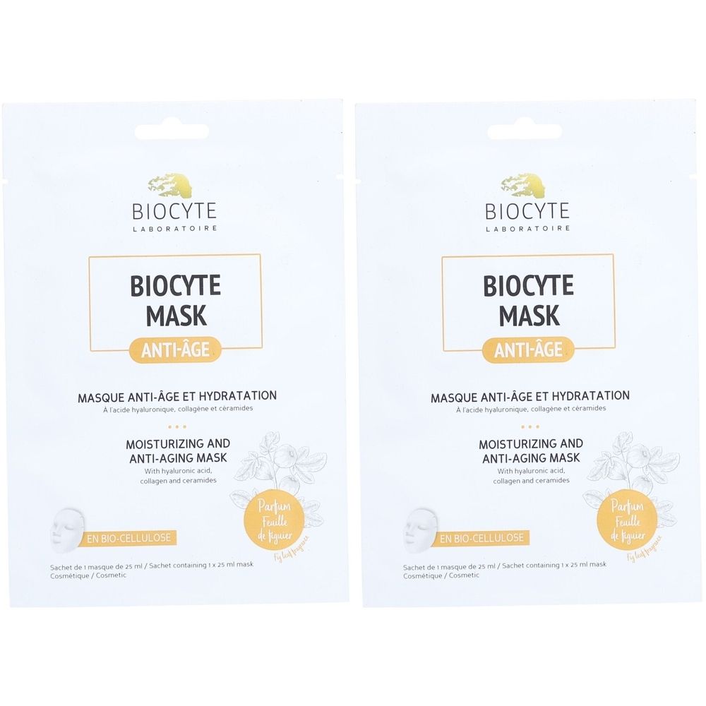 Deux sachets blancs avec l'inscription "BIOCYTE MASK ANTI-AGE". Texte : "MASQUE ANTI-AGE ET HYDRATATION" et "MOISTURIZING AND ANTI-AGING MASK".