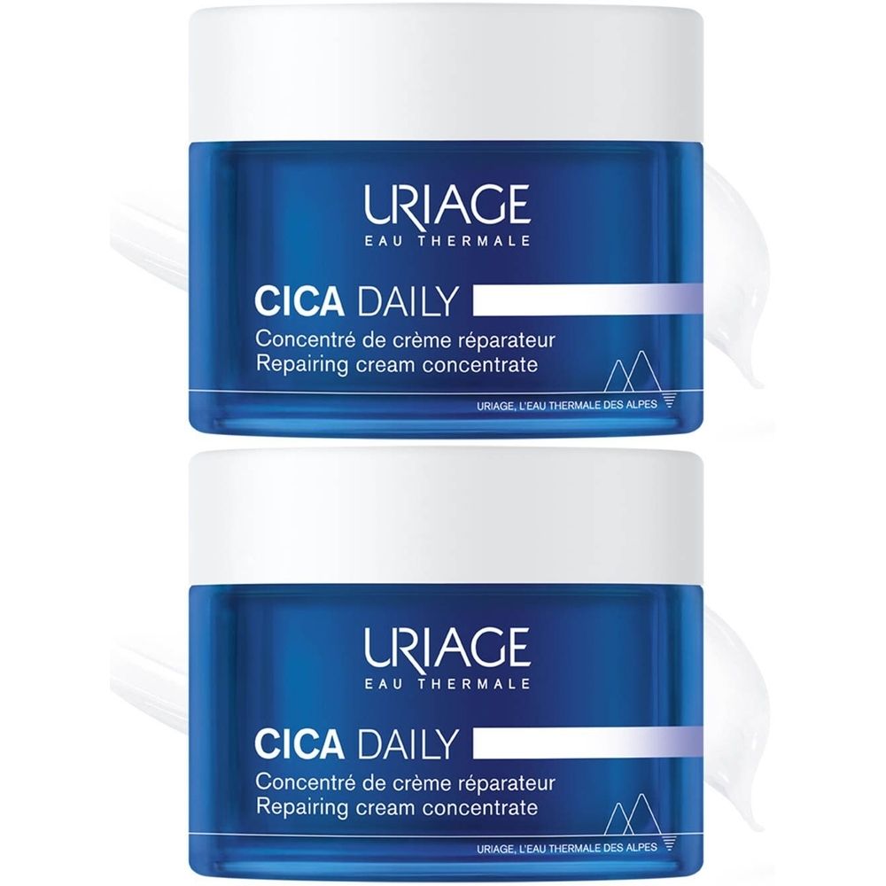 Zwei blaue Tiegel mit weißem Deckel. Aufschrift: Uriage, Cica Daily, Concentré de crème réparateur, Repairing cream concentrate.