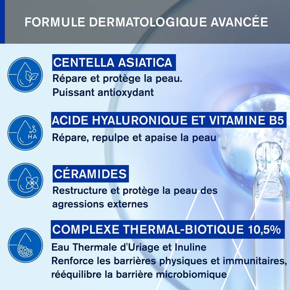 Texte avec ingrédients: Centella Asiatica, Acide Hyaluronique et Vitamine B5, Céramides, Complexe Thermal-Biotique 10,5%.