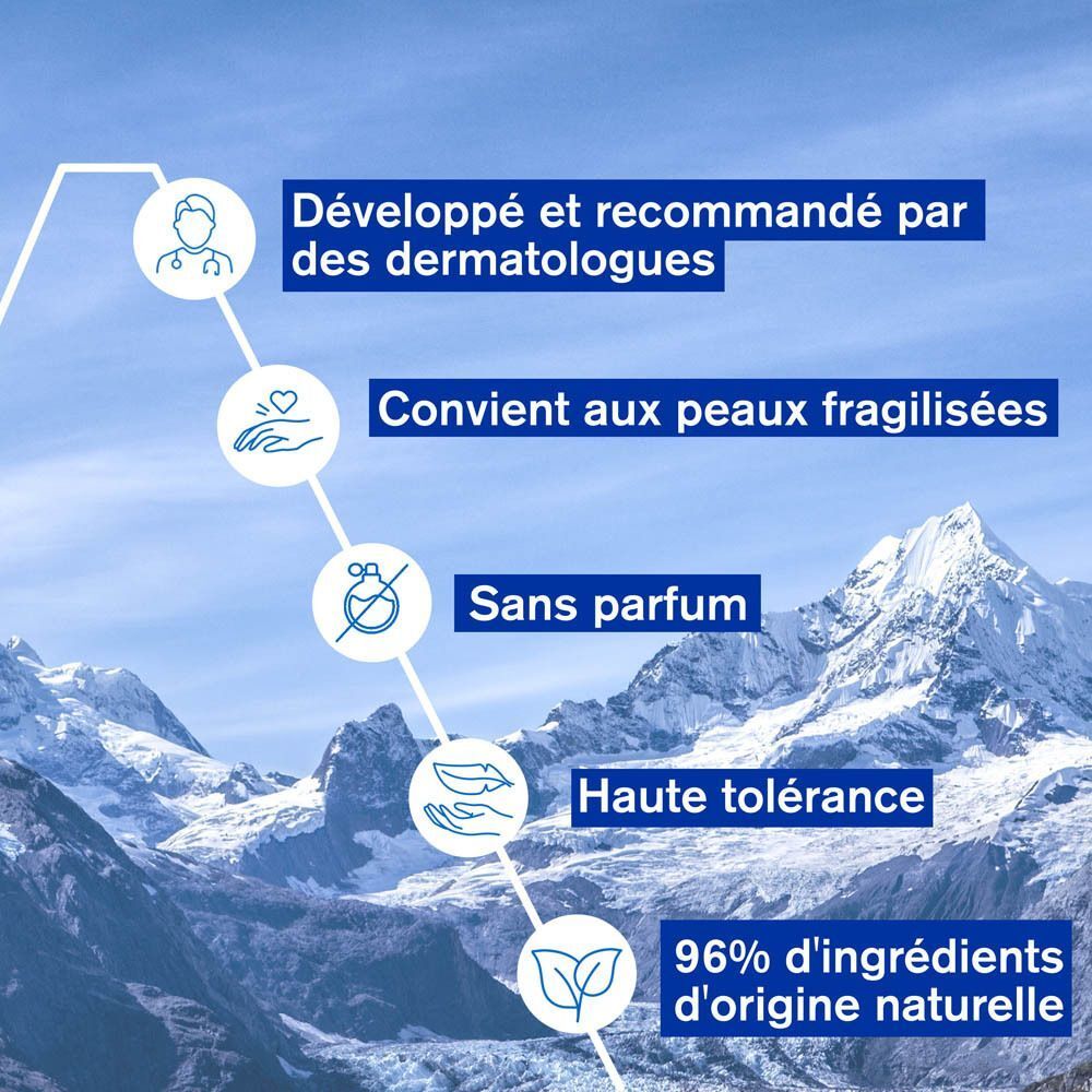 Texte: Développé et recommandé par des dermatologues, Convient aux peaux fragilisées, Sans parfum, Haute tolérance.