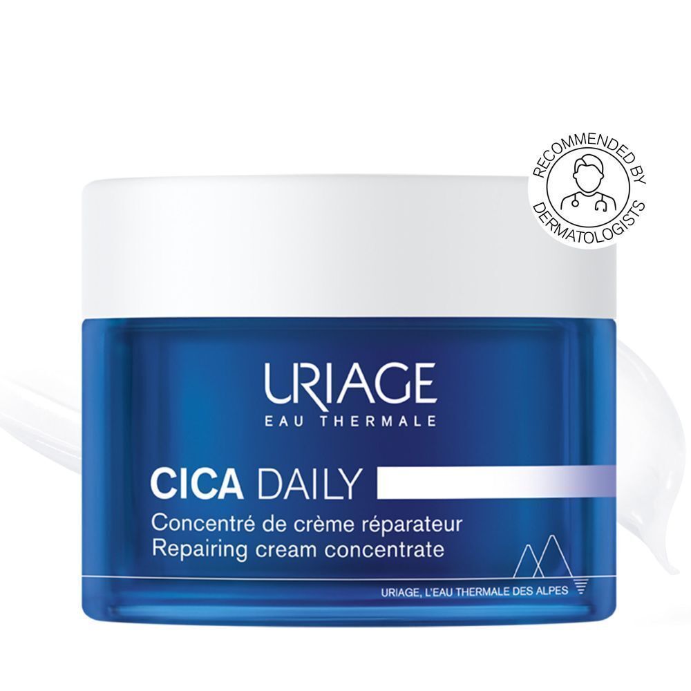 Pot bleu Uriage Cica Daily. Texte: Concentré de crème réparateur, Repairing cream concentrate. Recommandé par les dermatologues.