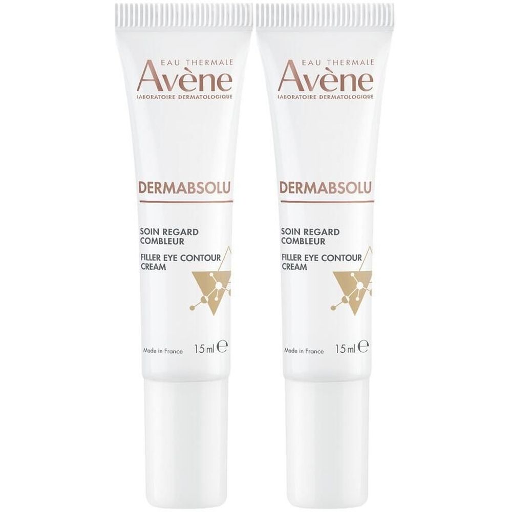 Zwei Tuben Augencreme. Aufschrift: Avène Dermabsolu, Soin Regard Combleur, Filler Eye Contour Cream. 15 ml.