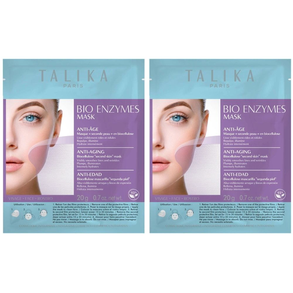 Deux sachets de masques faciaux. Inscription : TALIKA PARIS, BIO ENZYMES MASK, Anti-Âge. Image d'un visage.