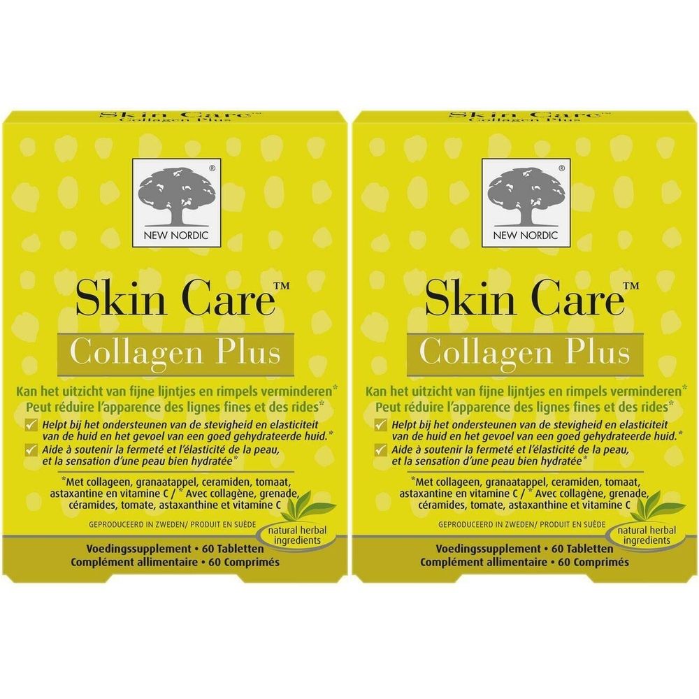 Deux boîtes jaunes "Skin Care Collagen Plus". Marque: New Nordic. Contient 60 comprimés. Ingrédients naturels.