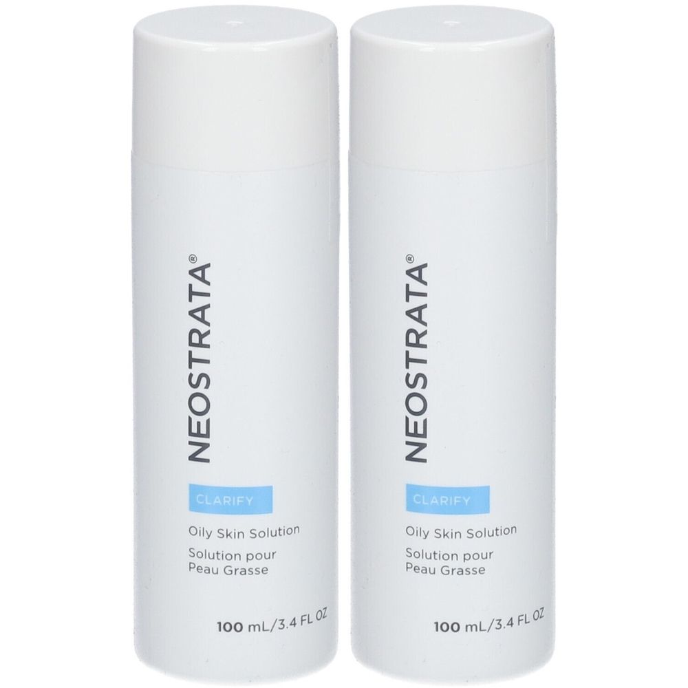 Zwei weiße Flaschen mit dem Markennamen NEOSTRATA. Aufschrift: Oily Skin Solution, 100 ml.