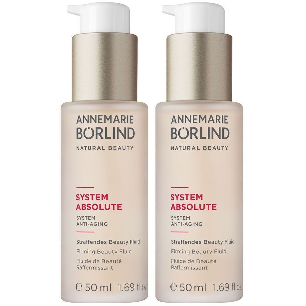 Zwei Flaschen mit Pumpspendern. Aufschrift: ANNEMARIE BÖRLIND, SYSTEM ABSOLUTE, Anti-Aging. Text in Deutsch, Englisch und Französisch. 50 ml.