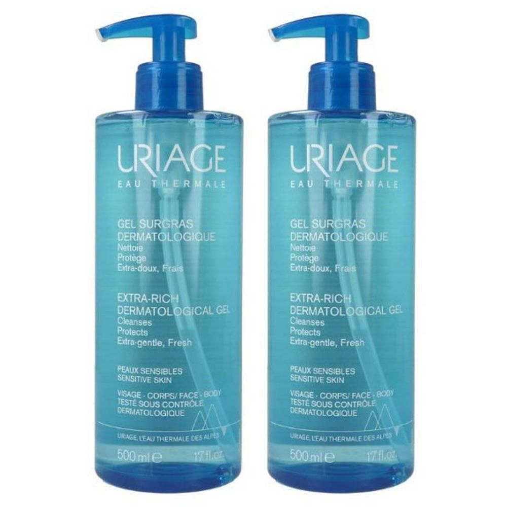 Deux flacons bleus Uriage Gel Surgras Dermatologique avec pompe. 500 ml.