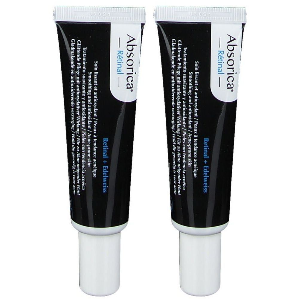 Zwei Tuben Absorica Rétinal. Schwarze Tuben mit weißer Schrift. Enthält Retinal und Edelweiß. Für Akne-anfällige Haut.