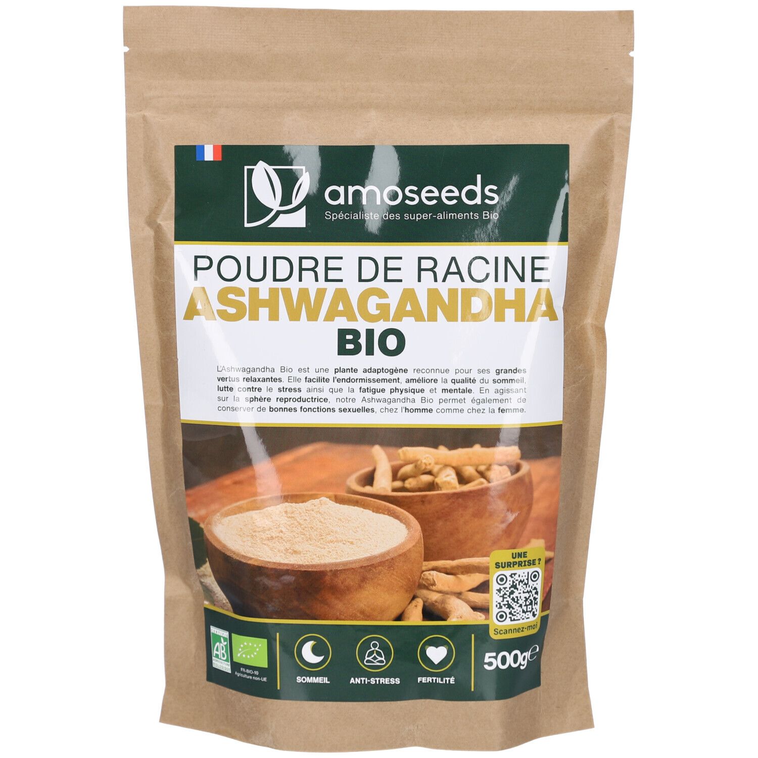 Sachet de poudre AMOSEEDS Ashwagandha Bio. Emballage en papier brun avec étiquette verte. Inscriptions en français.